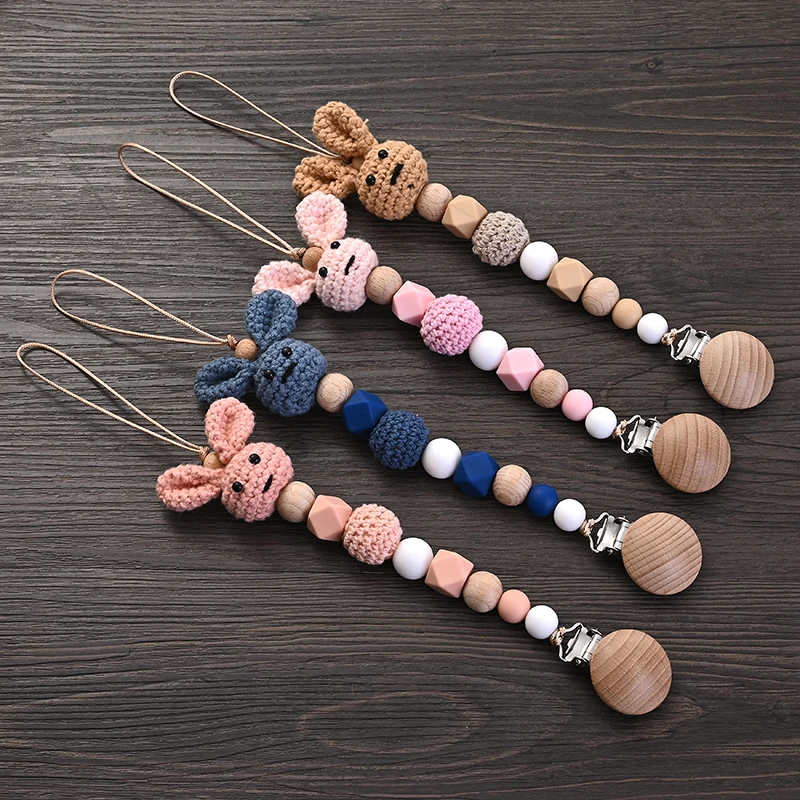 New Baby Wooden Pacifier Clip Wood Crochet Rabbit Teething Soother Chain For Nursing Chew Toy Baby Dummy Holder Chain BPA Free 2