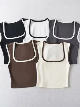 Woman Fashion Slim Solid Contrust Camis Casual Sleeveless Tanks Square Collar Crop Tops Clothing Streetwear Mujer 2024 Y2k 1