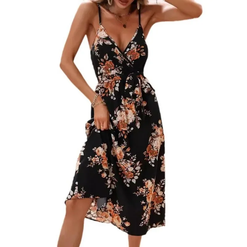 Womens Dresses Printing Slit Suspender Dresses New Summer Sexy Sleeveless V-neck Tighten The Waist Female Party Evening Vestido