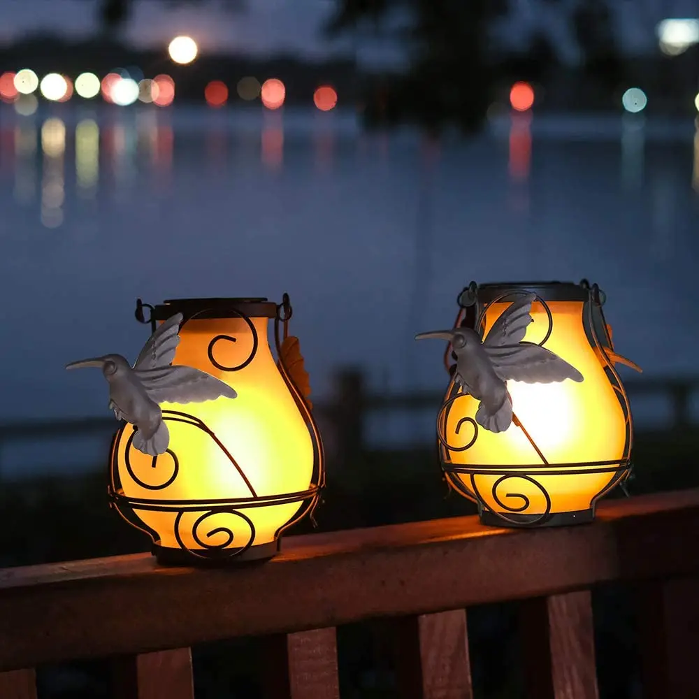 Hanging Solar Lights Solar Flickering Flame Lights Lanterns Outdoor Hanging Lanterns Waterproof Bird 2 Pack