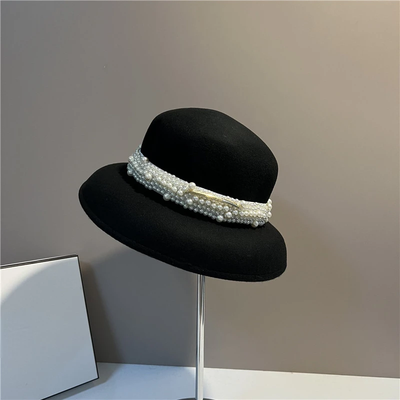 

High quality small fragrance pearl Wool Fisherman hat Hepburn style elegant lampshade hat Light luxury women's banquet top hat