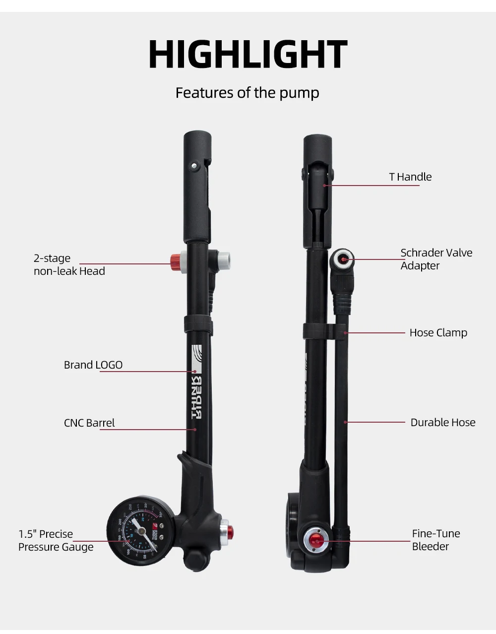 Description Picture 4 of itemNEW ThinkRider Portable High-pressure 350psi Bike Air Pump with Gauge for Fork & Rear Suspension Shock Absorber Mountain Bicycle