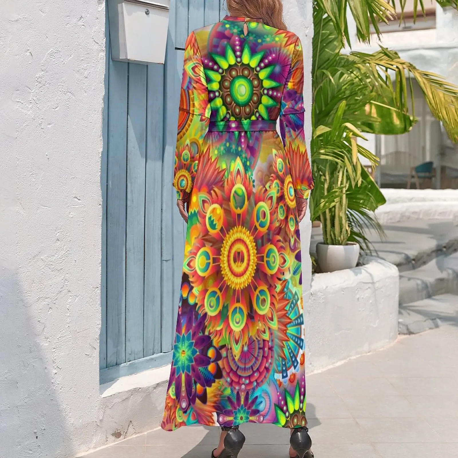Flower Power Peace Dress Long-Sleeve Retro Hippy 70s Party