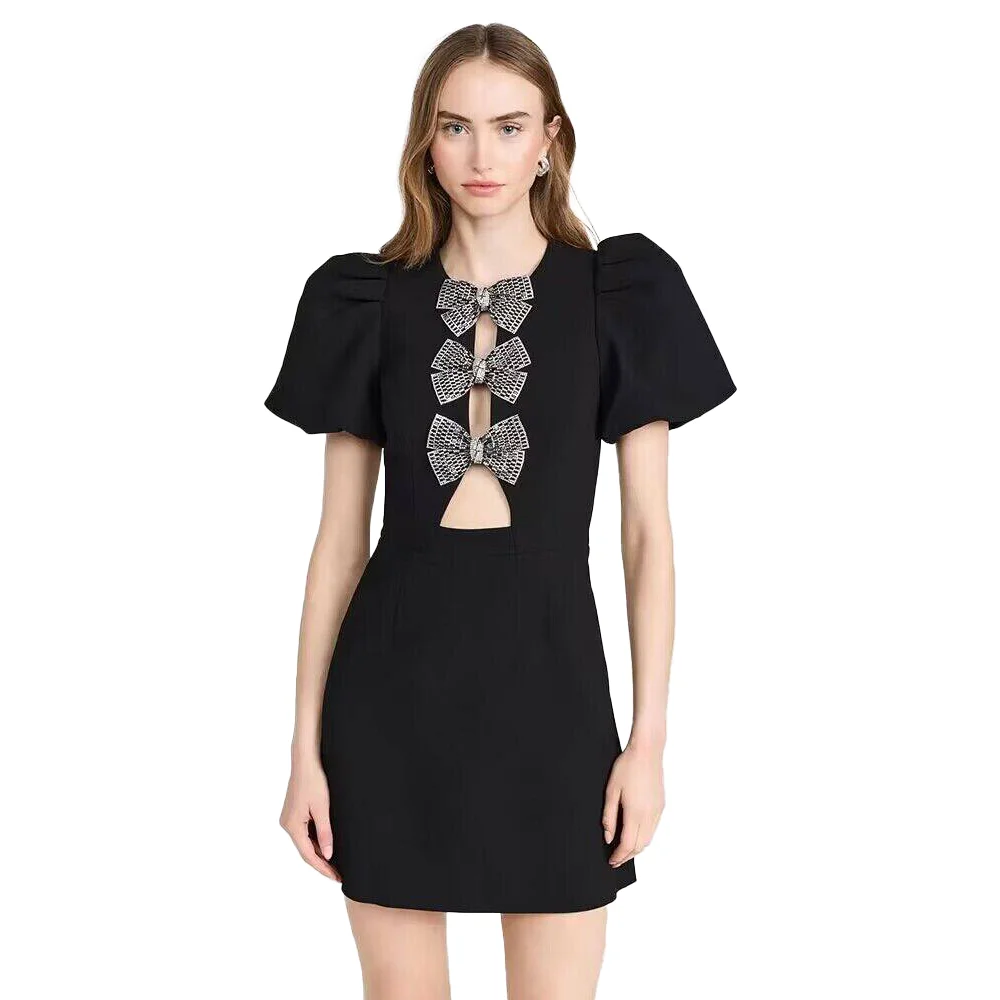 

Новое поступление, модное женское сексуальное облегающее мини-платье с коротким рукавом, круглым вырезом и бантом, элегантное вечернее платье