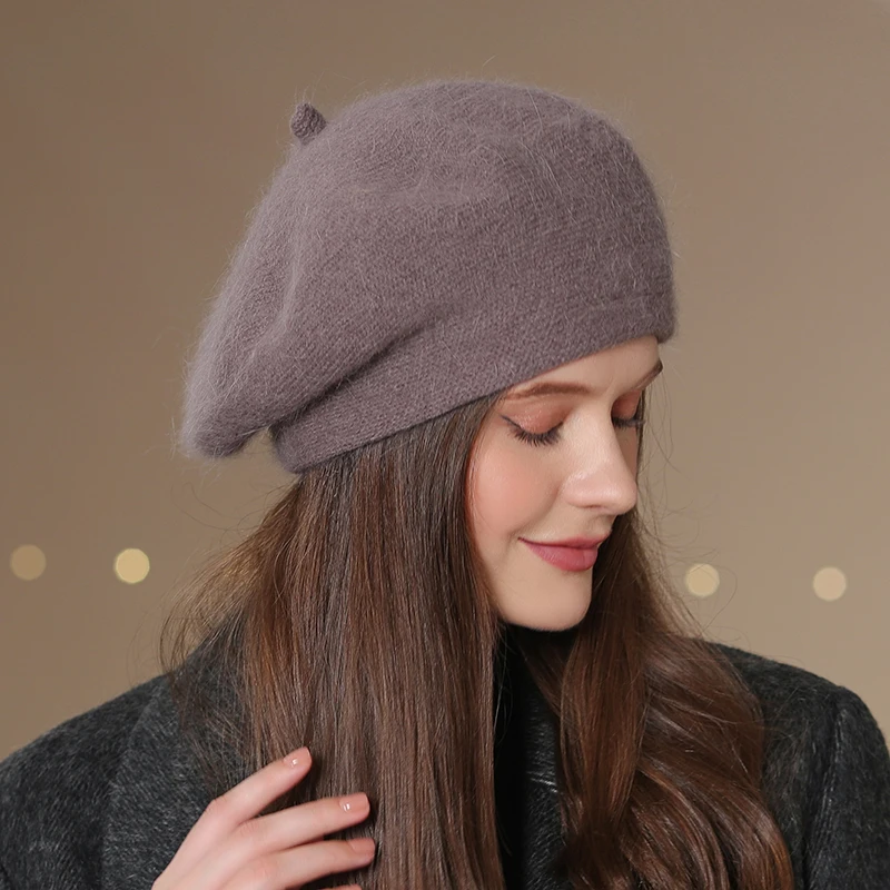 Women’s Warm Wool Knitted Beret Hat Solid Colour Winter Beanie_voghion.com