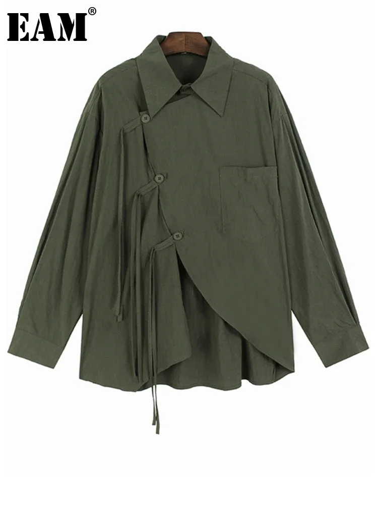 Женская Асимметричная блузка [EAM], зеленая Повседневная блузка большого размера с длинными рукавами и отложным воротником, новинка сезона весна-осень 2024, 1DH5310