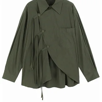 [EAM] Women Green Tassels Irregular Big Size Casual Blouse New Lapel Long Sleeve Shirt Fashion Tide Spring Autumn 2024 1DH5310