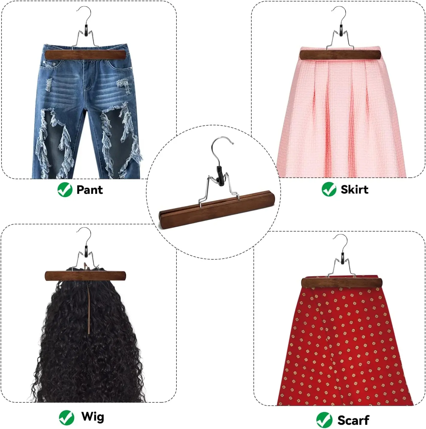 5-30PCS Wooden Pants Skirt Hangers Smooth Solid Wood Non Slip Jeans Slack Clamp Hangers Hair Extension Hangers with Swivel Hook 2