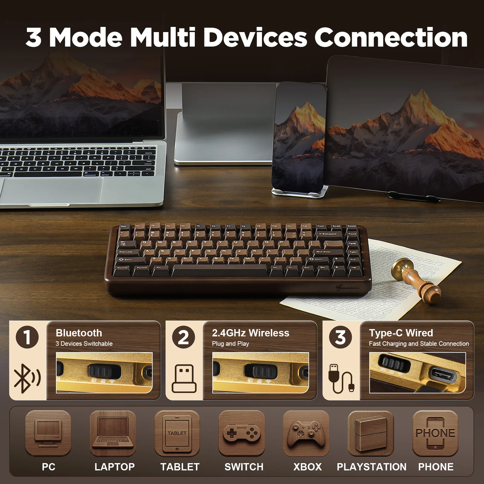 YUNZII WOOD84 무선 기계식 키보드, 75% 월넛 RGB 백라이트 목재 키보드, Mac/Win용 트레이 마운트 핫스왑 PBT 키캡