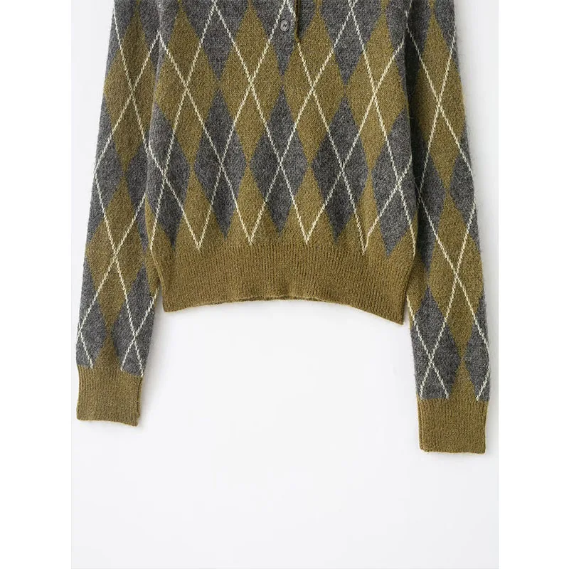 Vintage Casual Chic Women Sweater Argyle Long Sleeve Knitted Pullover Top Fashion 2025 Autumn Winter Short Sweater