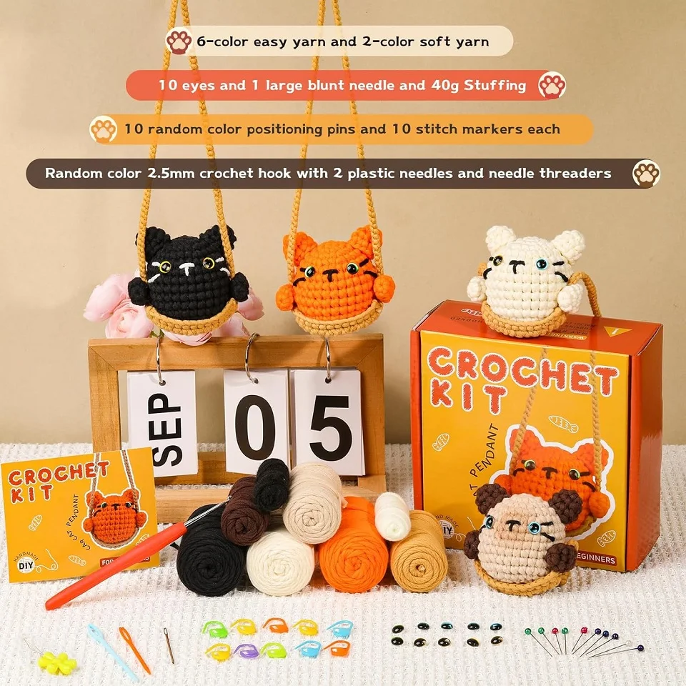 KRABALL Cute Cat Crochet Knitting Kit With Cotton Yarn Thread And Instruction For Beginners DIY Handmade Craft Accessories Set