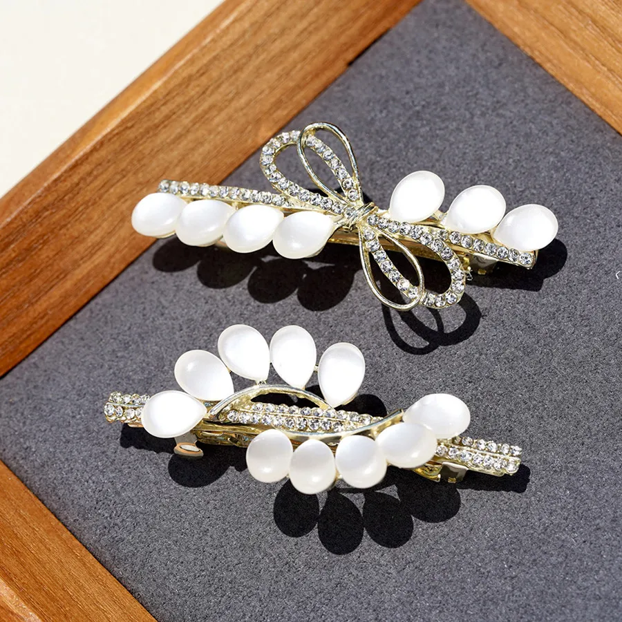 New Elegant Pearl Crystal Leaf Spring Hairpin For Women Fashion Rhinestone Back Head Hair Clip Hair Accessories Jewelry Headwear