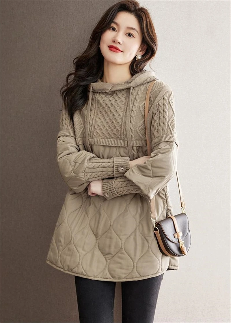 Down Cotton Jacket 2025 Comfortable Elegant Loose Women's Winter Parka Hooded Splicing Appear Thin Female Knitting Jacket
