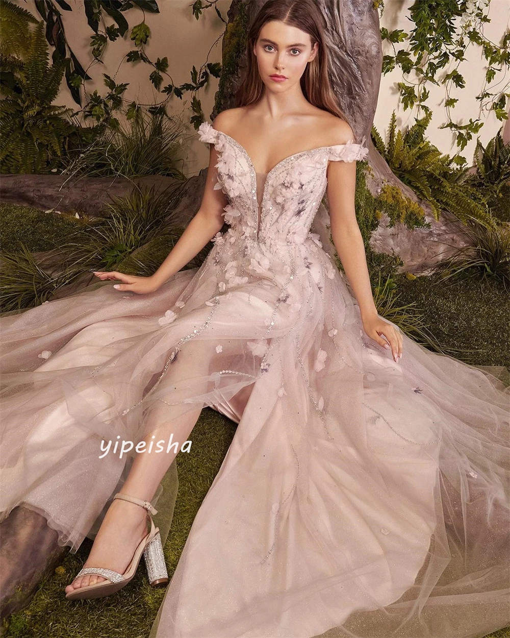 Prom Dress   Jersey Flower Beading Sequined Ruched Beach A-line Off-the-shoulder Bespoke Occasion Gown Long es