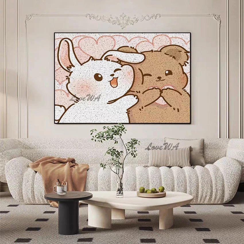 

Cute Cartoon Rabbit And Bear Handmade Canvas Oil Paintings Large Size Home Furnishing Decoration Wall Picture For Bedroom