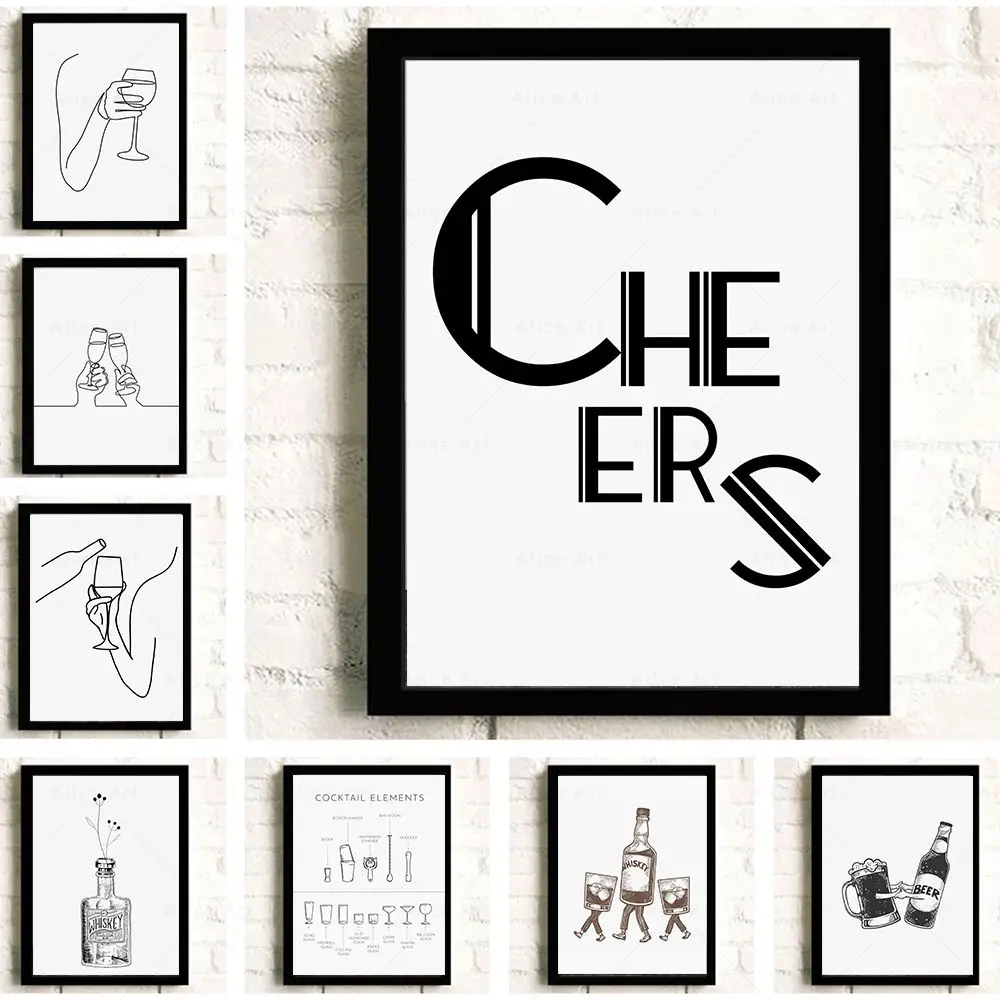 Birra Vino Caffè Cheers Canvas Poster Funny Drink Line Art Painting Whisky Cocktail Element Print Wall Picture Bar Kitchen Decor