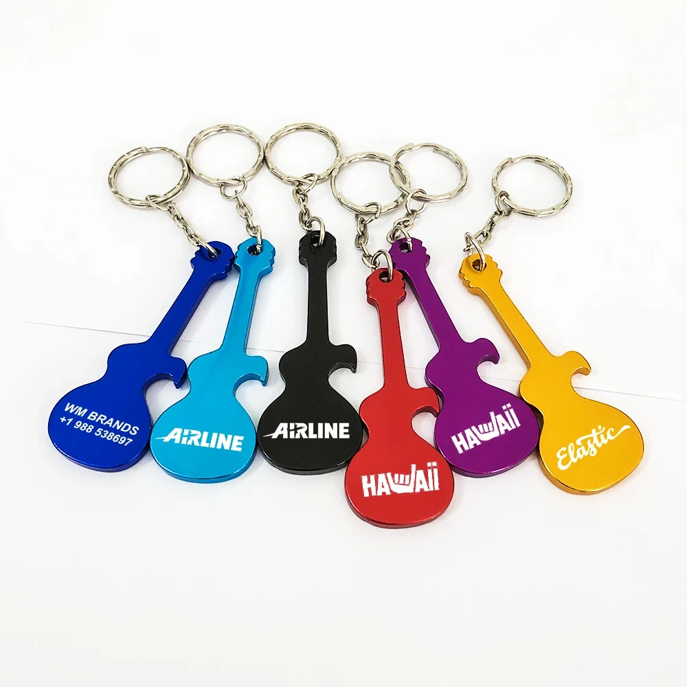 

50pcs Personalized Party Favor Guitar Shaped Keyring Key Ring Bottle Opener Metal Aluminum Keychain Promotional Gift Custom Logo