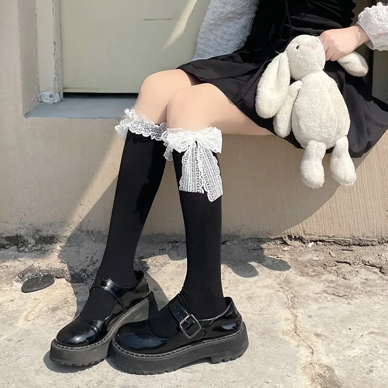 

Однотонные черные, белые длинные носки, женские чулки JK Lolita Kawaii, носки с оборками, милые кружевные милые Гольфы с бантом для девочек, чулки