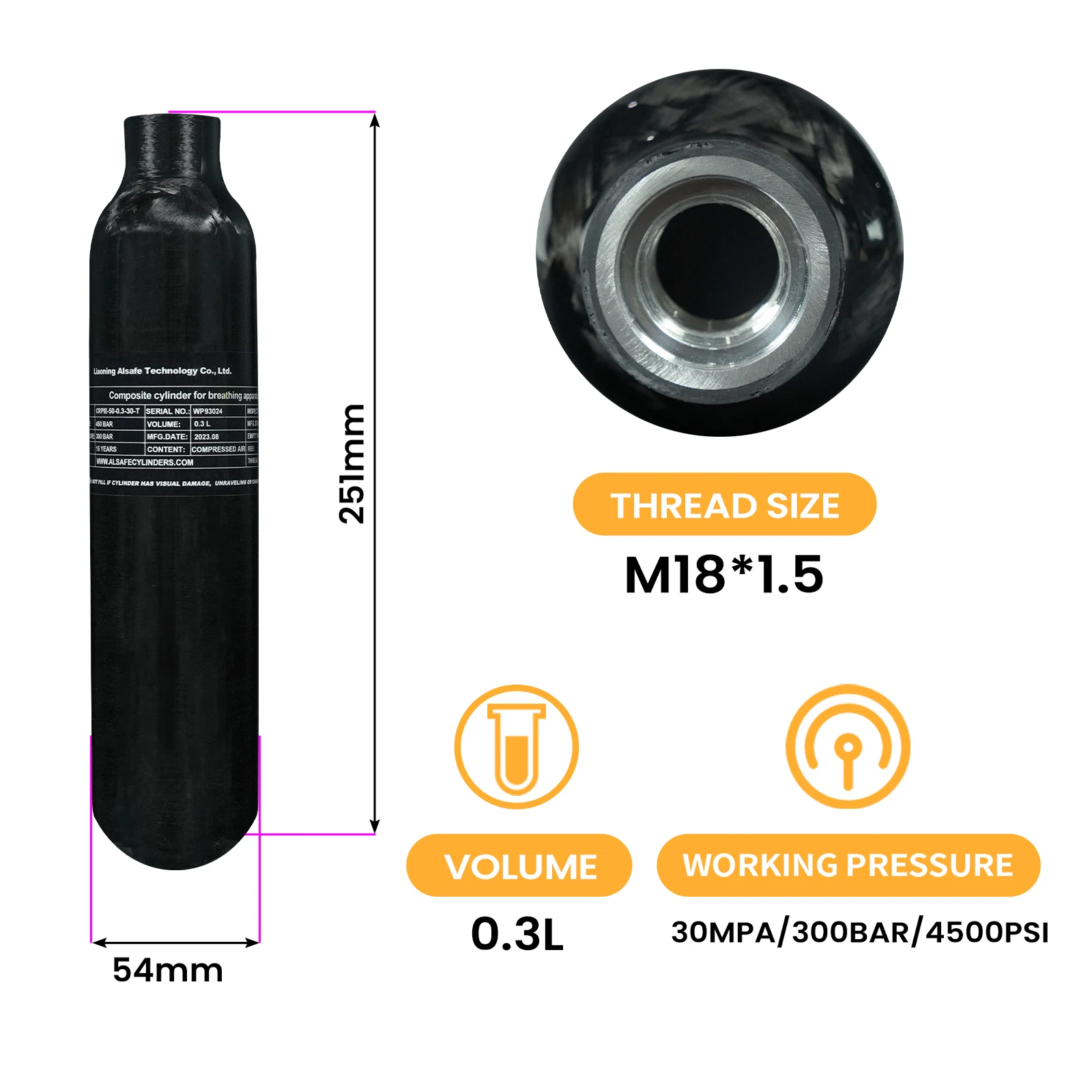 Gurlleu Cylindre en fibre de carbone 3L/30CF, système de charge de réservoir d'air haute pression 4500 psi et station de remplissage pour PCP, paintball, plongée sous-marine (bouteille vide