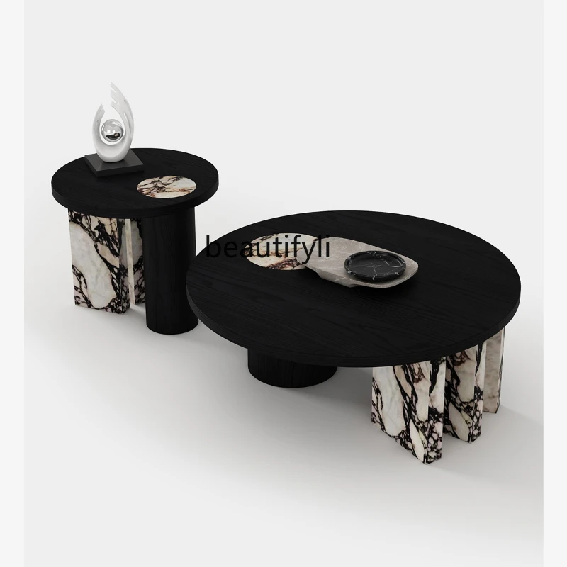 Italiano Minimalista Piatto In Pietra Di Lingotti Tavolo Da Tè Rotondo Designer Di Alta Qualità In Legno Massello Nero Tavolino Rotondo Mobili