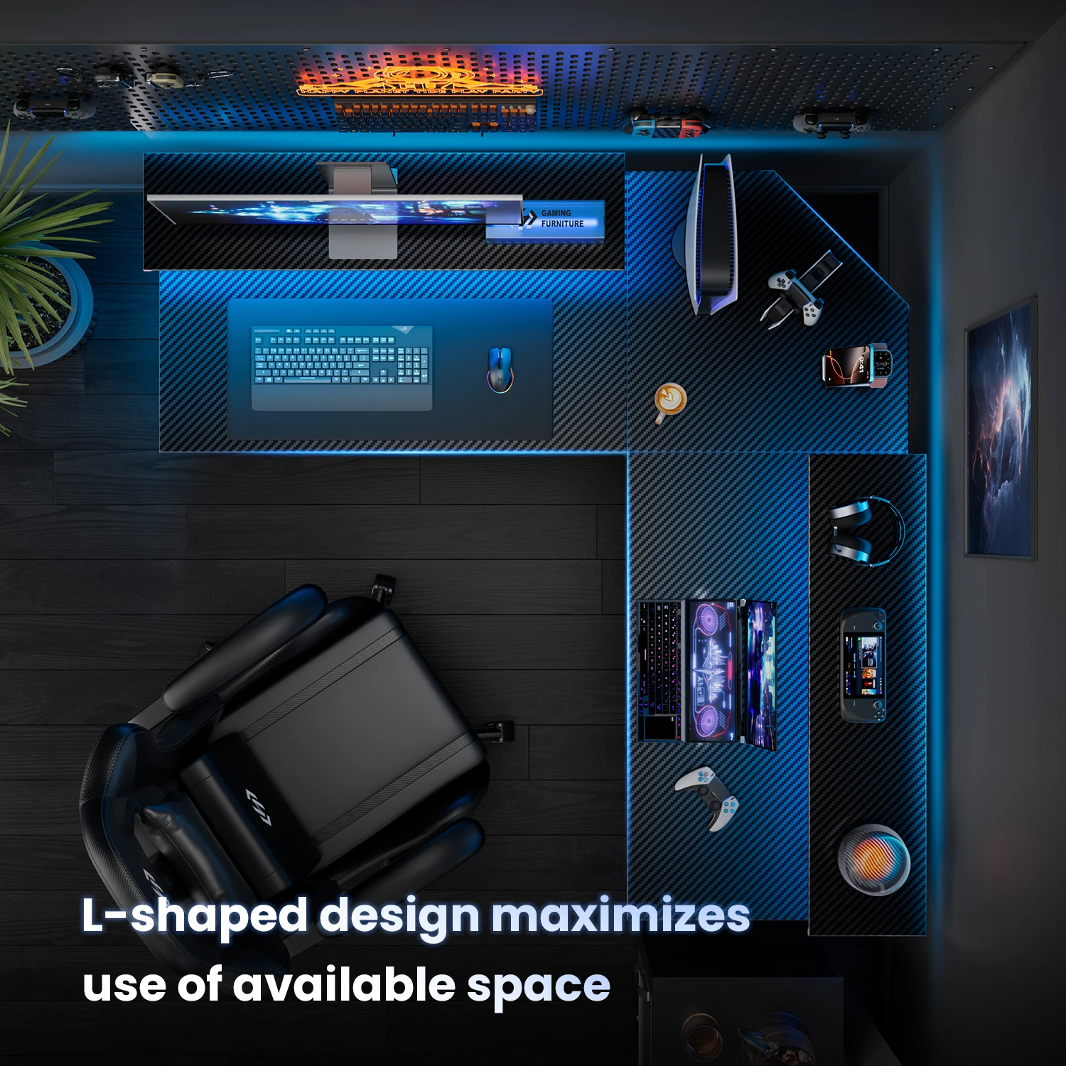 L-Shaped LED Gaming Desk with Monitor Stand 6