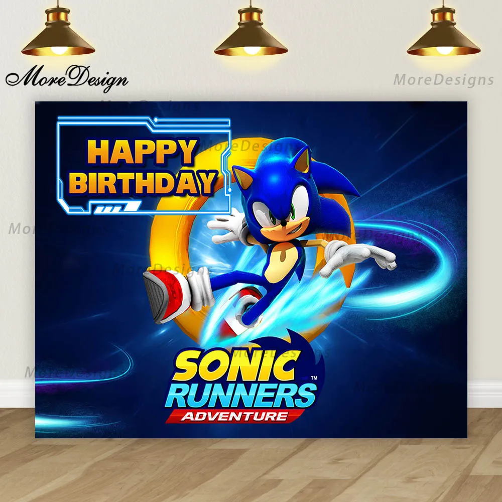 thumbnail image 1 of Banner de cumpleaños de Sonic para niños, fiesta de niños, fotografía de fondo, decoración de dibujos animados, fondo de tela de poliéster y vinilo, 1 of 5
