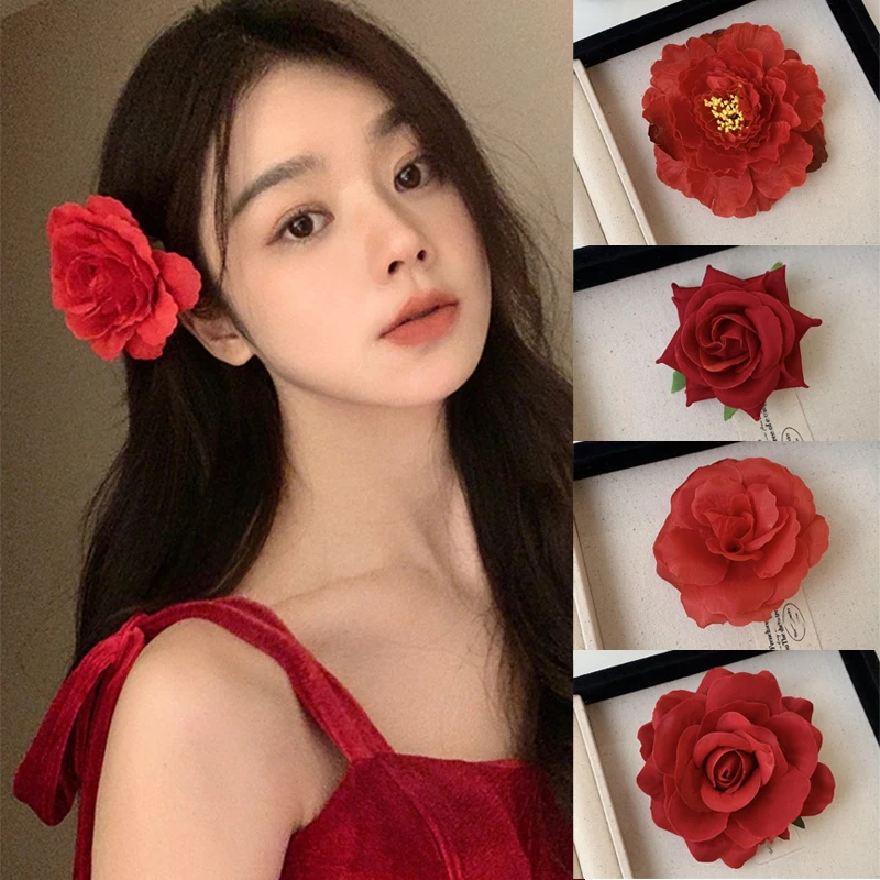 

French Retro Red Peony Hair Clip Romantic Rose Flowers Side Clip Duckbill Clip Hair Pin Woman Headwear Barrette Bridal Headdress