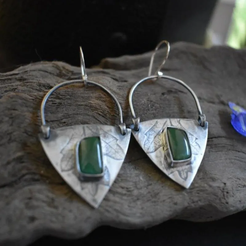 

Tribal Triangle Dark Green Stone Boho Earrings for Women Vintage Jewelry Silver Color Metal Geometry Hook Earring Gift