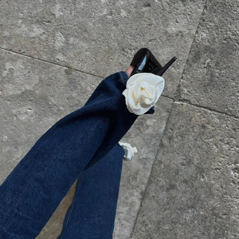 French New Pointed Satin Pearl High Heels Women's Fine Heels Celebrity Banquet White Rose Headed Back Air Sandals