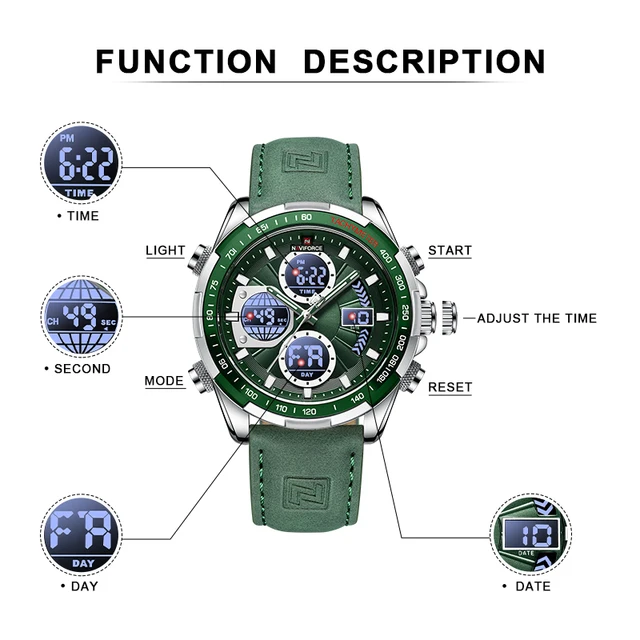 NAVIFORCE-reloj Digital de cuarzo para hombre, cronógrafo de pulsera de cuero genuino verde, estilo militar, de negocios, marca superior de lujo, 9197 5