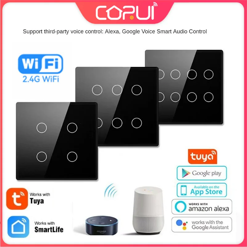 

CORUI Tuya WiFi Smart Touch Switch 4/6/8 Gang Brazil Zero Live Wire Wall Button Touch Switch Smart Life APP Alexa Google Home