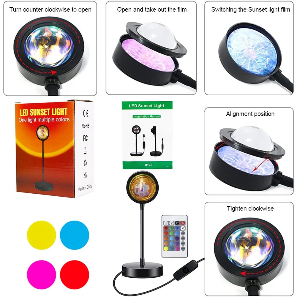 RGB Sunset Lamp Rainbow Projector 360° Rotation Sunlight Remote Control 4 in 1 Self-Media Light Background Atmosphere Room Decor nite light