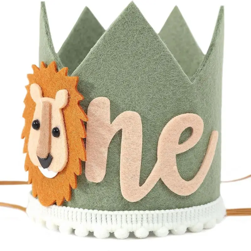 party hat birthday crown baby crown hat cartoon one year felt crown hats birthday party ONE lion animal jungle party hat kids baby shower happy 1st birthday decor