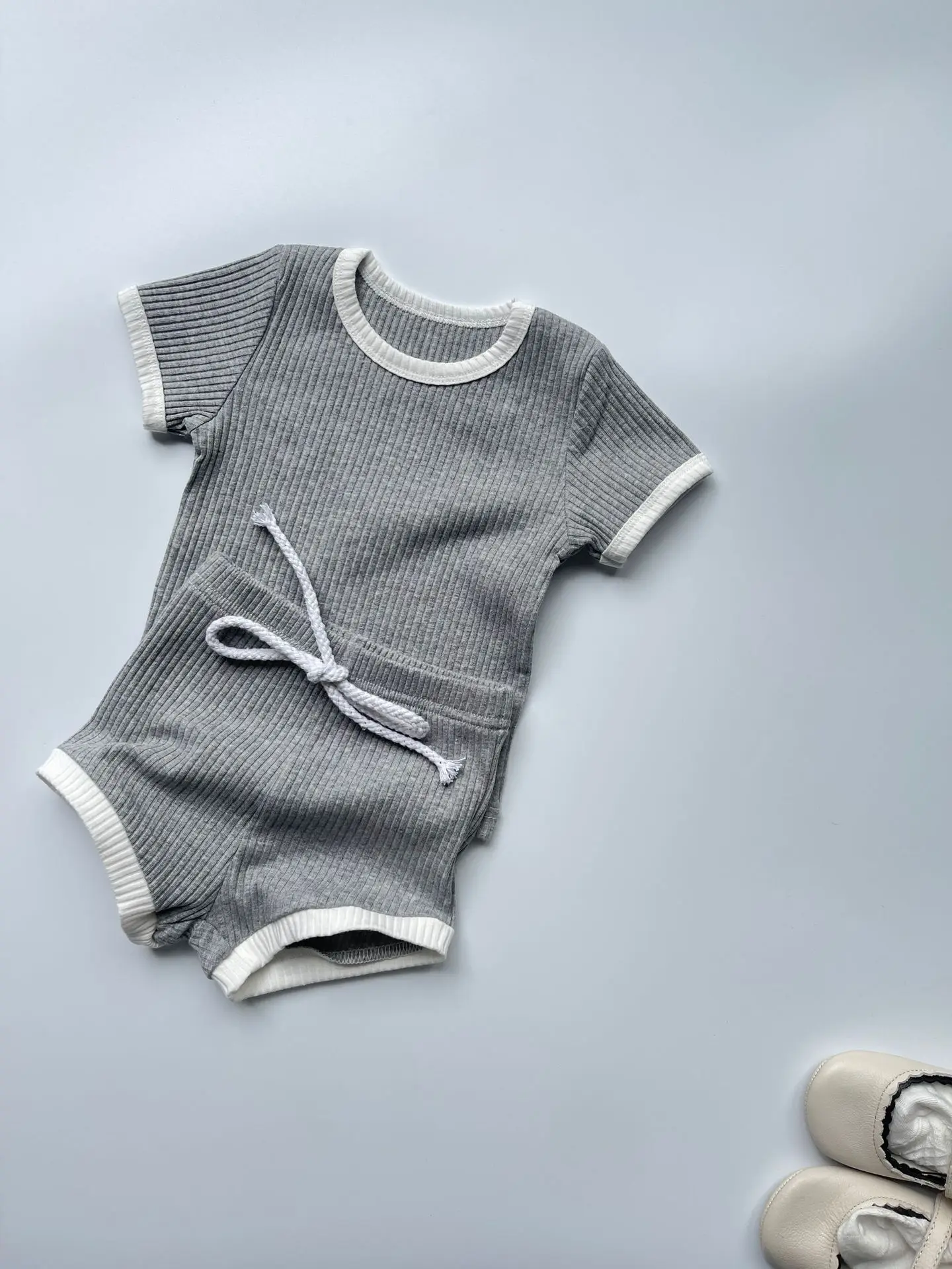 2025 Summer New Baby Short Sleeve Cotton Clothes Set Infant Boy Girl Solid Ribbed T Shirts + Shorts 2pcs Suit Toddler Outfits 4