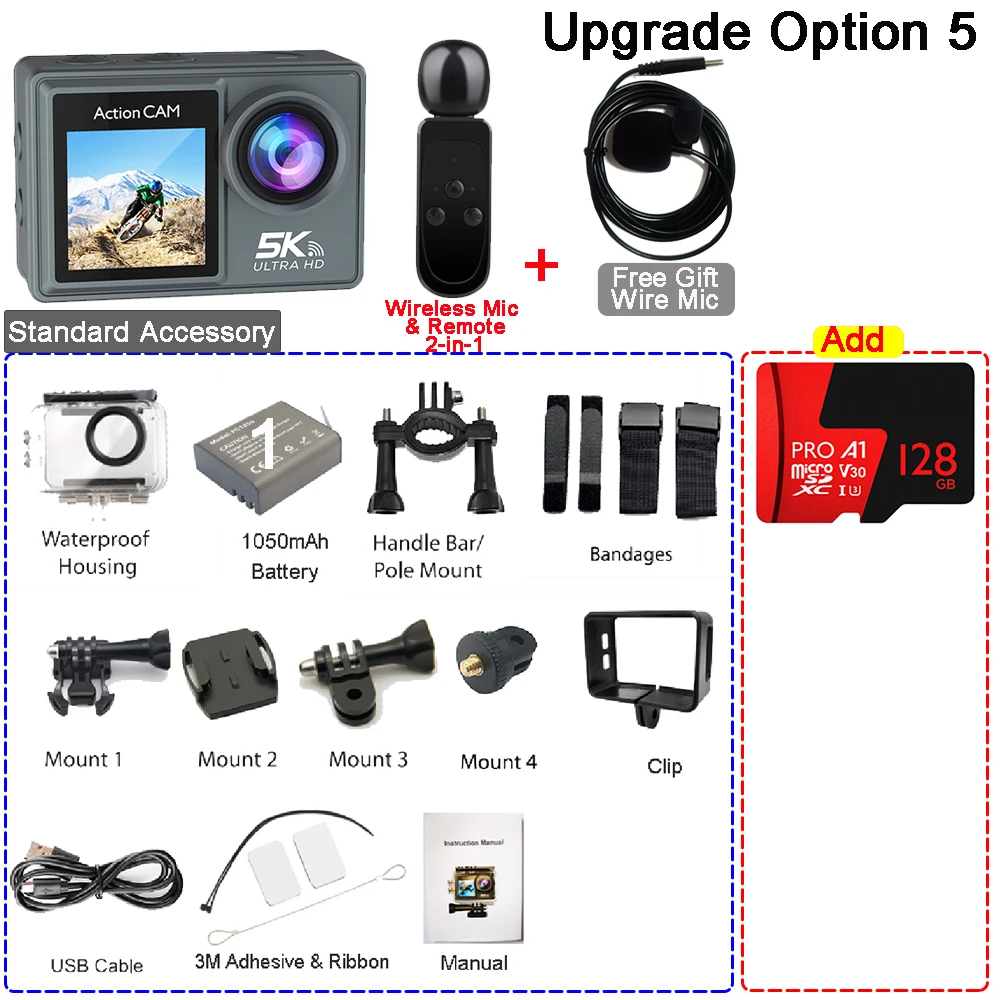 thumbnail image 1 of Cámara de Acción 5K 4K60FPS Doble IPS Touch LCD EIS 170 ° Cámara deportiva con zoom 5X resistente al agua 30M Micrófono inalámbrico opcional y control remoto, 1 of 4