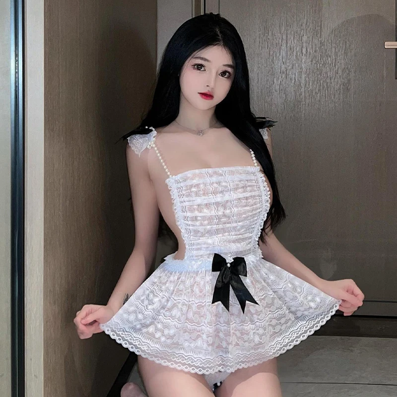 Women's Clothing Pearl Chain Sweet Bow Decoration Lace Elegant Night Bodysuit
