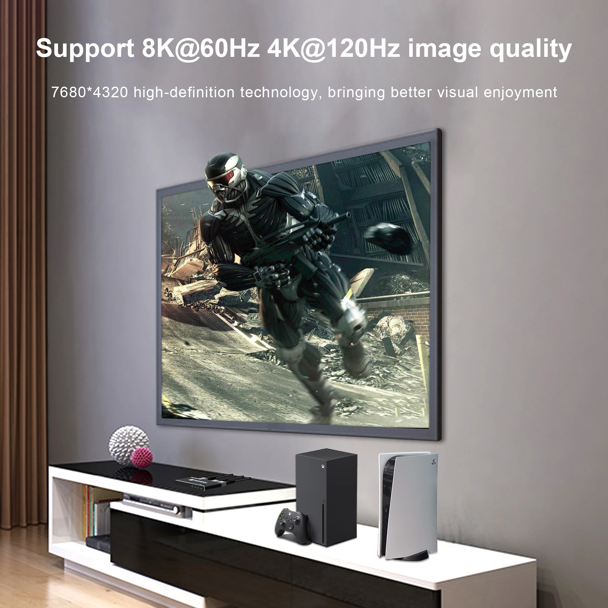 HDMI ȣȯ  ó ñ ڽ, HD 2.1 ġ, PS5  Ϳ,  48Gbps, 8K @ 60Hz, 4K @ 120Hz, 3 in 1