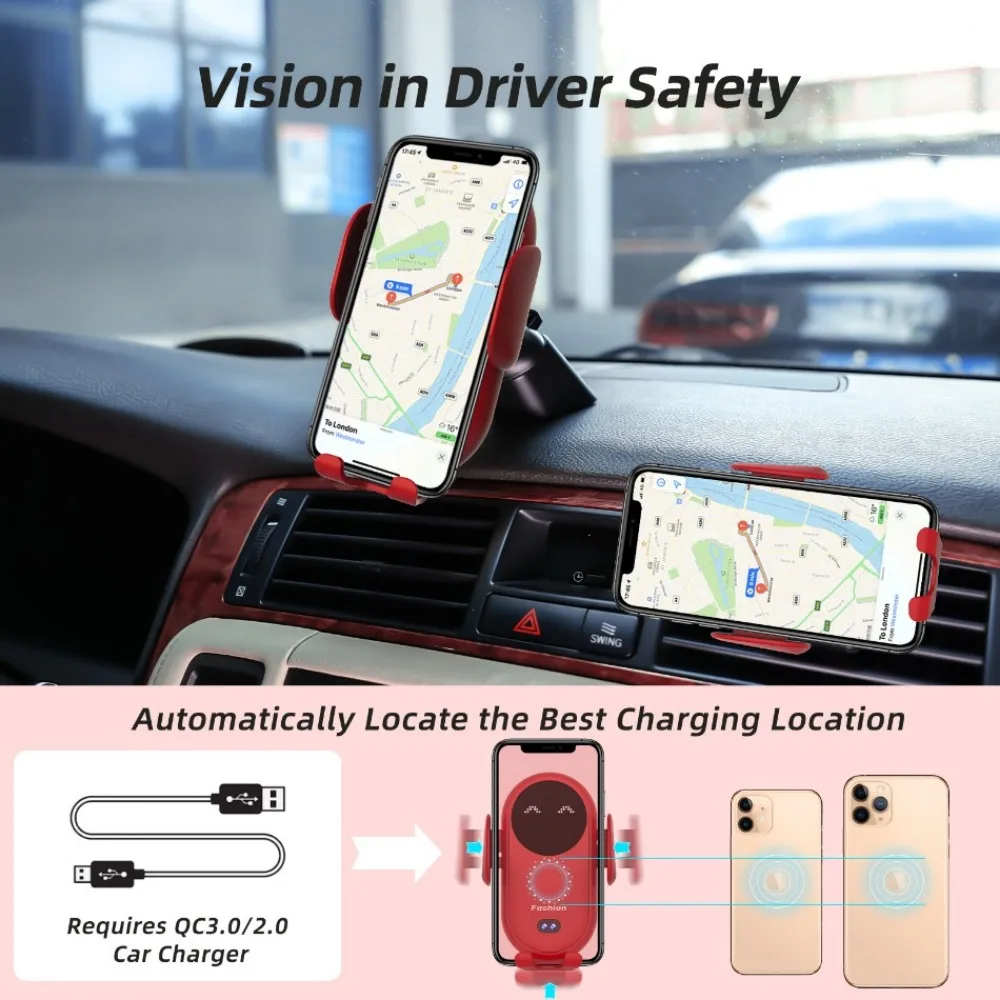 50W Car Wireless Charger Auto Mount Phone Holder For iPhone 15