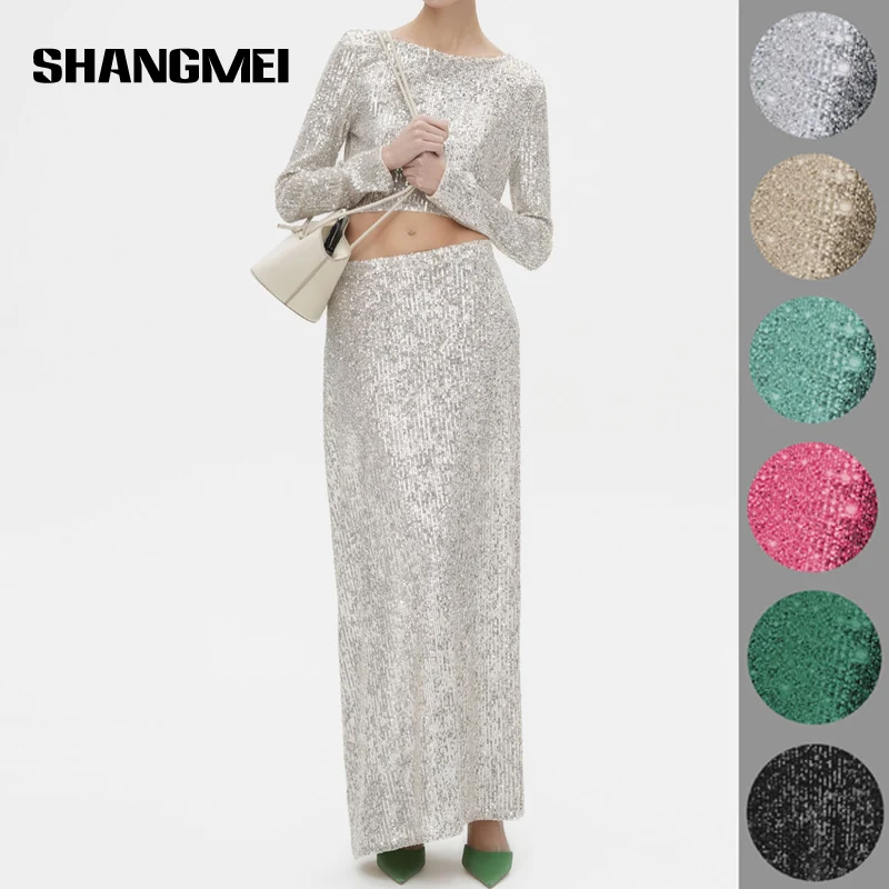 Sequins Women O Neck Maxi Skirt Set Autumn Winter Slim Long Sleeve Crop Top Long Skirts Sets Ladies Sexy Sequined Suit