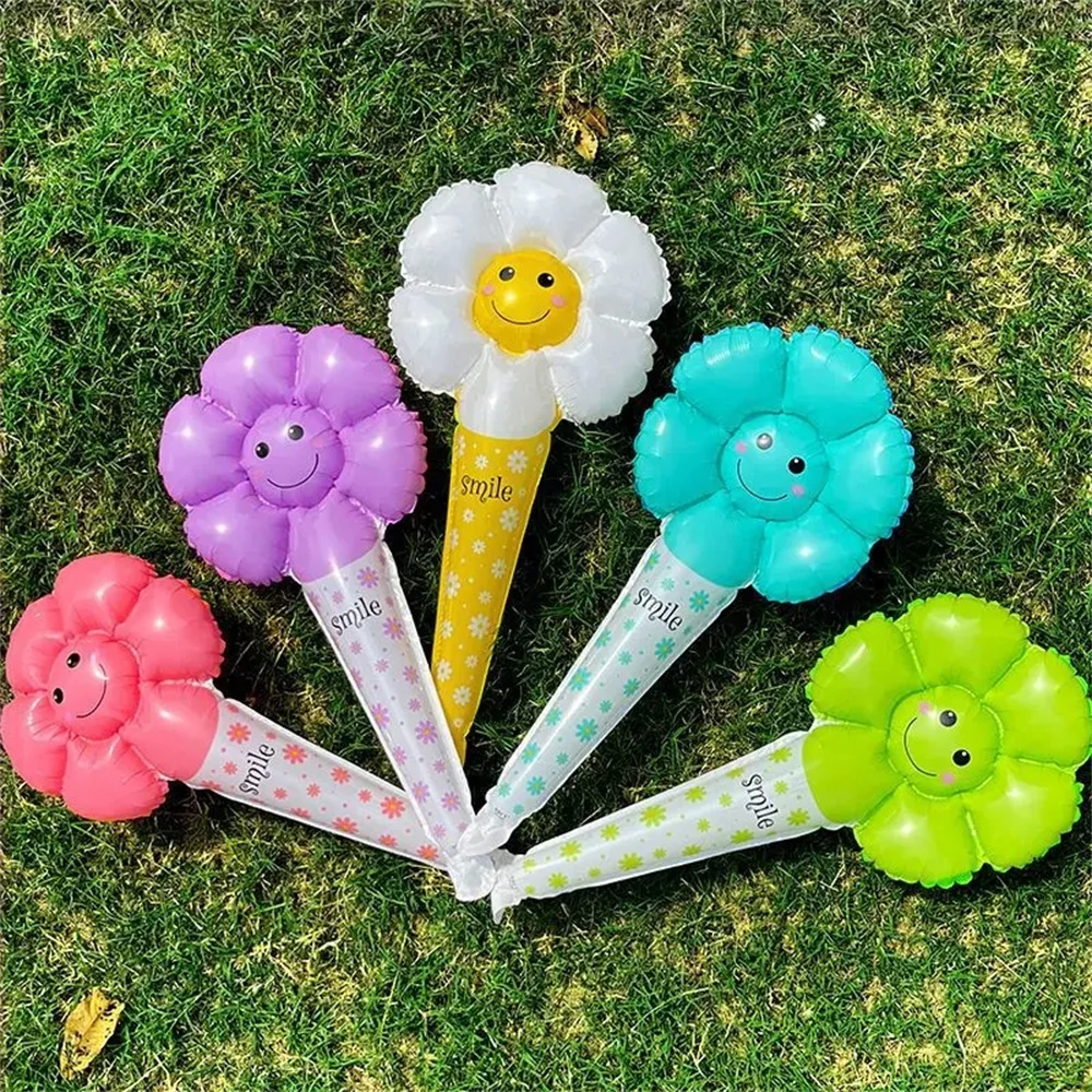 

10PCS/PACK Colorful Smiling Face Daisy Random Color Hand Stick Aluminum Film Balloon Birthday Party Theme Event Decoration