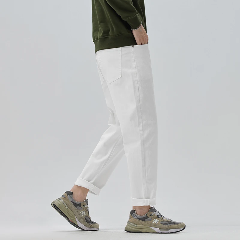 New Autumn Winter Men's Baggy Jeans White Korean Soft Stretch Casual Denim Cropped Pants Male Fashionable Straight Trousers 2