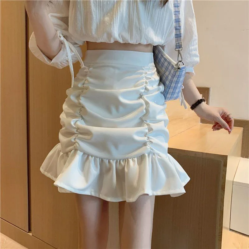 

Ruffles Folds Solid Color Skirts Women Summer All Match Korean Sexy Slim Fit High Waist Korean Mini Pleated Skirt New