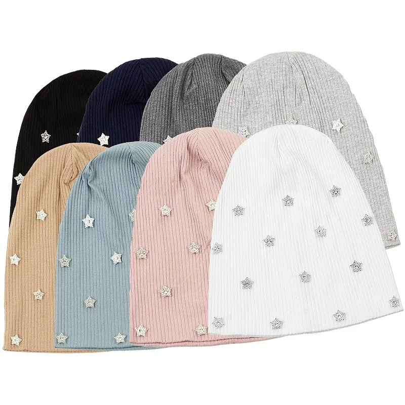 

Women Rhinestone Star Ribbed Beanie Hat Autumn Winter Knit Slouch Hat For Ladies Casual Overisze Baggy Hats Customized Stuff