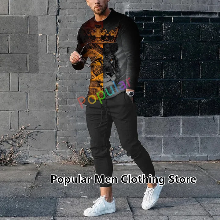 Chándales de los hombres Seda de hielo Verano Streetwear 3D Caballo León  Tigre Manga larga Impreso Hombre Ropa deportiva Conjunto de chándal Hombres  2