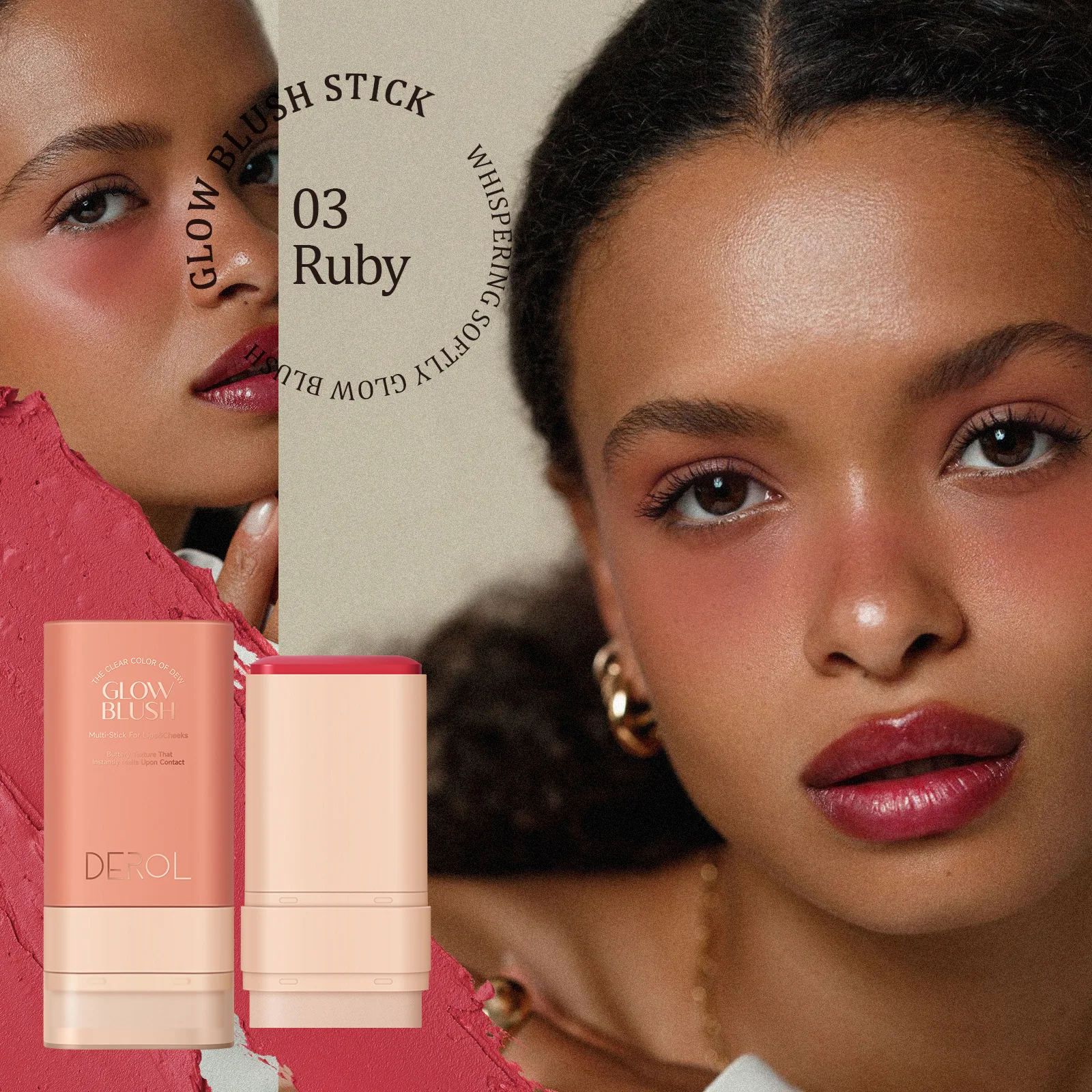 DEROL Matte Velvet Longlasting Sweatproof Blush Stick 30g Natural Nude Contour Brightening Complexion Solid Rouge Blush Makeups