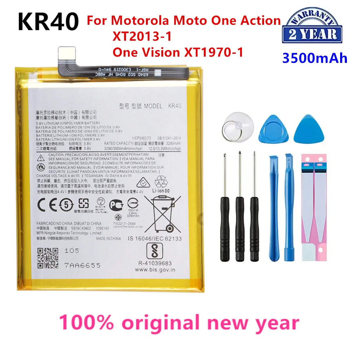 

100% Original KR40 3500mAh Battery For Motorola Moto One Action XT2013-1 / One Vision XT1970-1 Phone Batteries +Tools