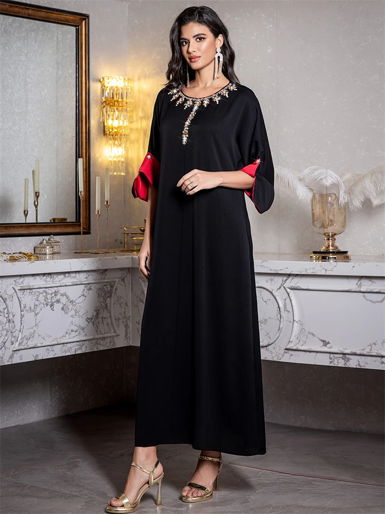 Ramadan Eid noir musulman Abaya Damen dubaï caftan de luxe robe modeste Islam Caftan Marocain Djellaba Femme Abayas pour les femmes 3