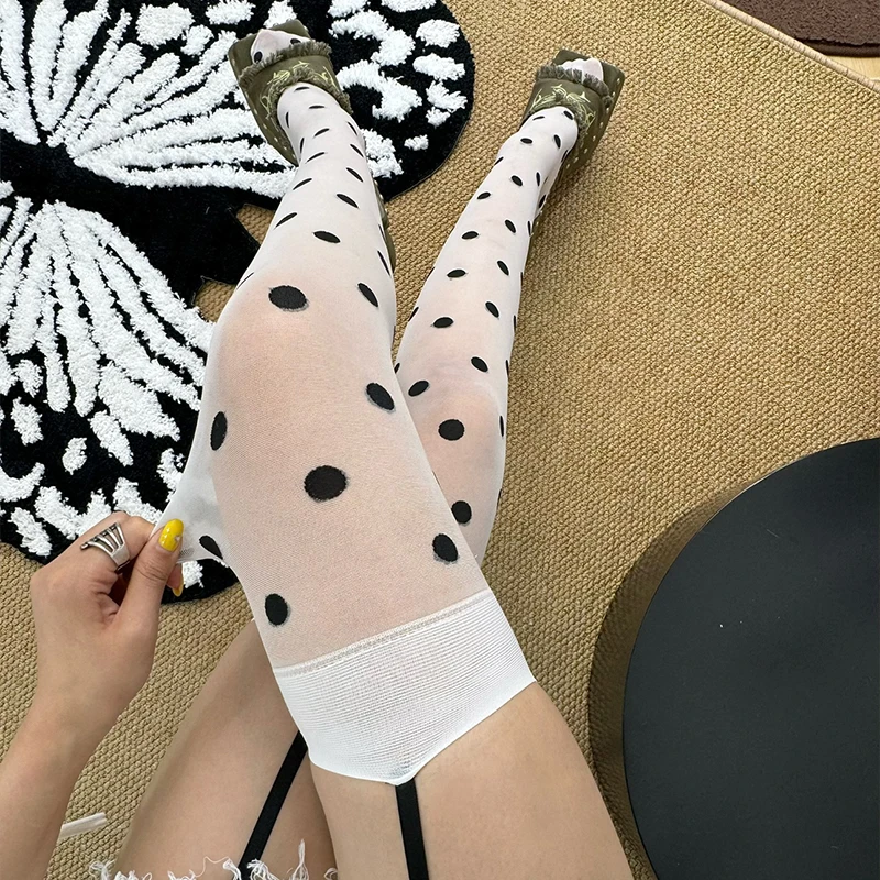 Dünne und sexy gepunktete Kniestrümpfe für Damen, Samtstrumpfhose, Lolita, dünne Oberschenkelstrümpfe, K, weiße lange Socken – Detail 14