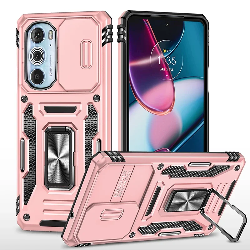 Armor Shockproof Phone Case with Sliding Window Lens Protection and Metal Ring Holder Back Cover