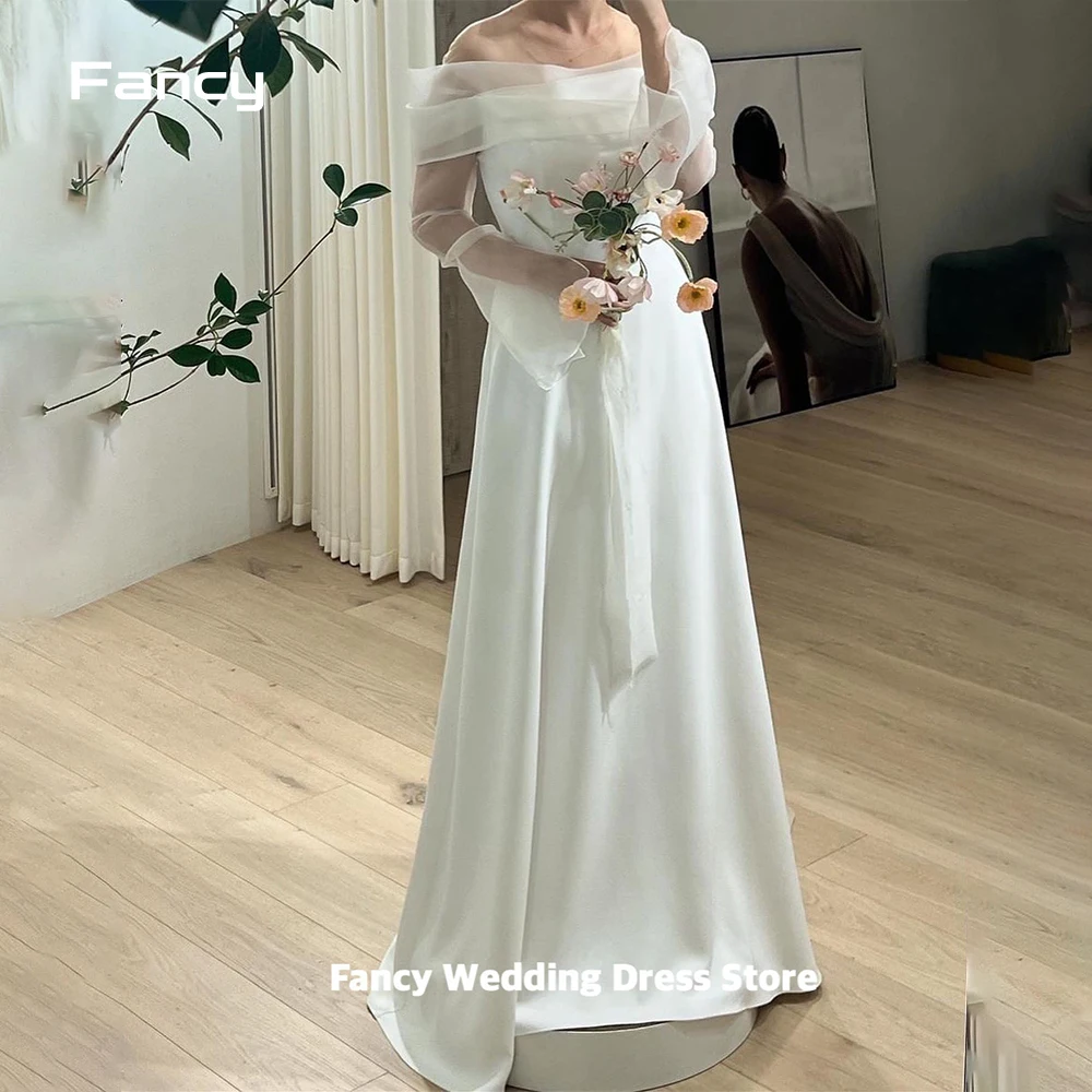 

Fancy Charming Off Shoulder Wedding Dress Korea Photo Shoot Soft Satin Pleats A Line Bridal Gown Short Sleeve 웨딩드레스